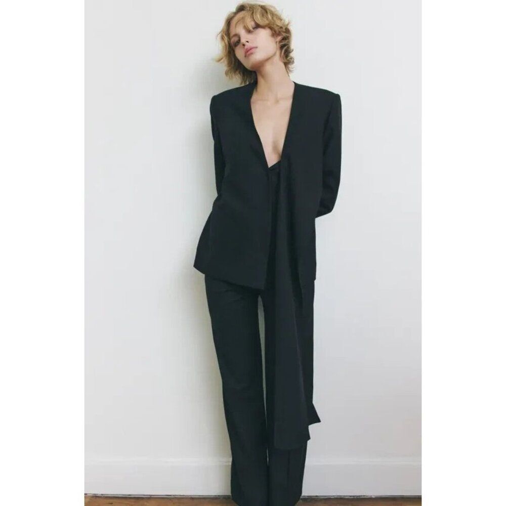 Zara Womens Wool Blazer Size S Black V-Neck With Scarf Long Sleeve 9250/453 Nwt